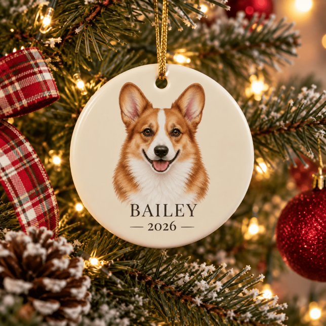 Personalized Red-Headed Corgi Name & Year Ceramic Ornament (Creator Uploaded)