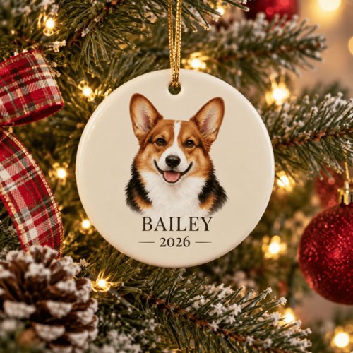 Personalized Red-Headed Tricolor Corgi Name & Year Ceramic Ornament