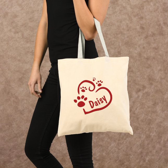 Personalized Red Heart and Paw Prints Canvas Tote Bag (Creator Uploaded)