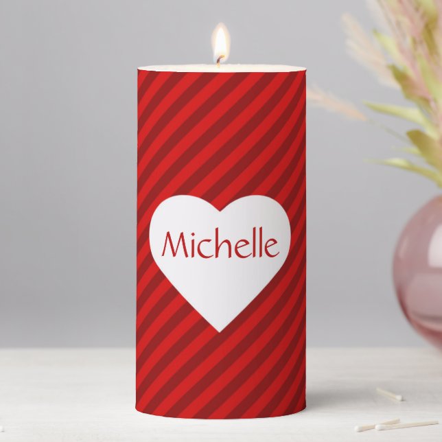 Personalized Red Heart Diagonal Striped Pillar Candle (In Situ)