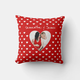 Personalized red heart photo & names throw pillow