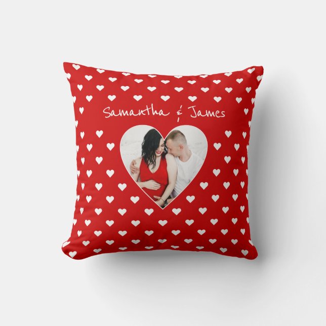 Personalized red heart photo & names throw pillow (Front)