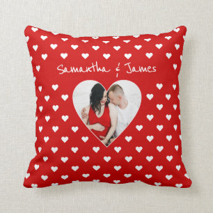 Personalized red heart photo & names throw pillow