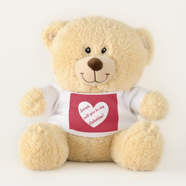 Personalized red heart "will you be my Valentine" Teddy Bear (Front)