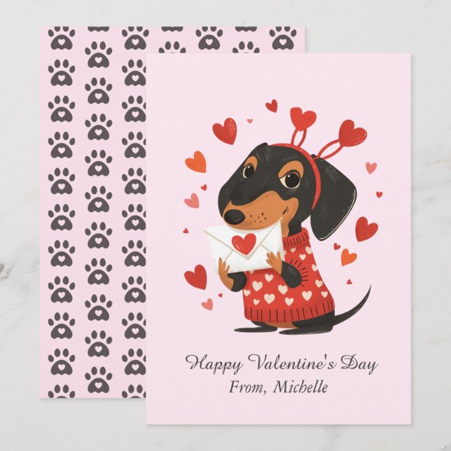 Personalized Red Hearts Dachshund Valentine's Day  Holiday Card (Front/Back)