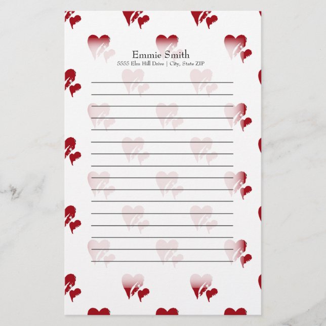 Personalized Red Hearts on White Stationery (Front)