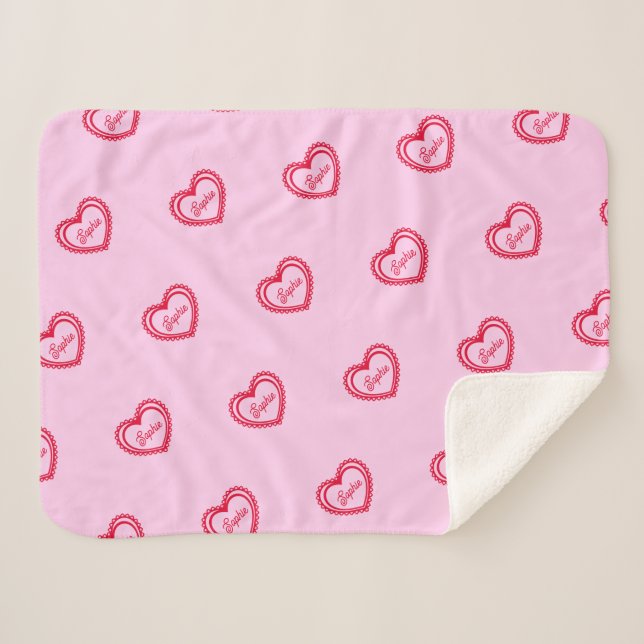 Personalized Red Hearts Over Pretty Pink Sherpa Blanket (Front (Horizontal))