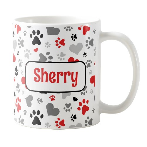 Personalized Red Hearts Paw Prints Mug