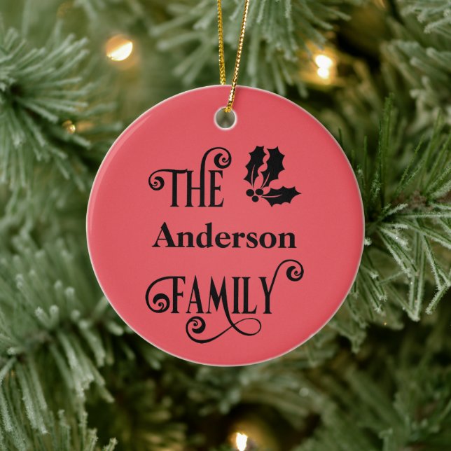 Personalized Red Holly Family Names Christmas Ceramic Ornament (Tree)