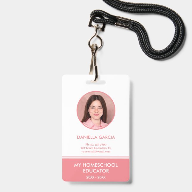 Personalized Red Homeschool Teacher ID Badge (Front with Lanyard)