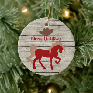 Personalized Red Horse and Cowboy Hat Christmas Ceramic Ornament