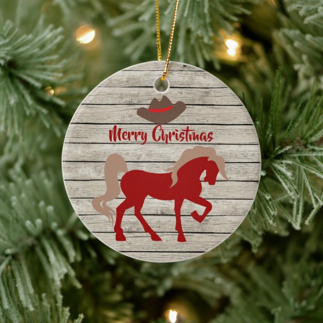 Personalized Red Horse and Cowboy Hat Christmas Ceramic Ornament (Tree)