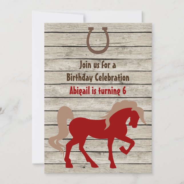 Personalized Red Horse Rustic Wood Birthday Invite (Front)