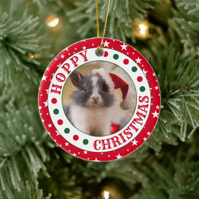 Personalized Red House Rabbit Photo Christmas Ceramic Ornament (Tree)
