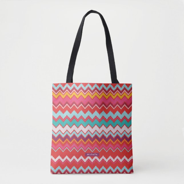 Personalized Red Ikat Chevron Pattern Bridesmaid Tote Bag (Front)
