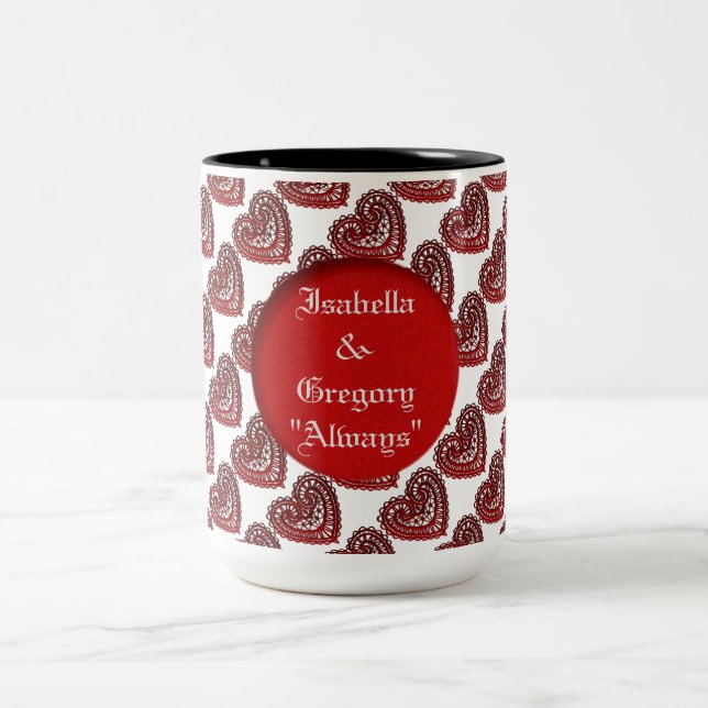 Personalized Red Lace Hearts Pattern Mug (Center)