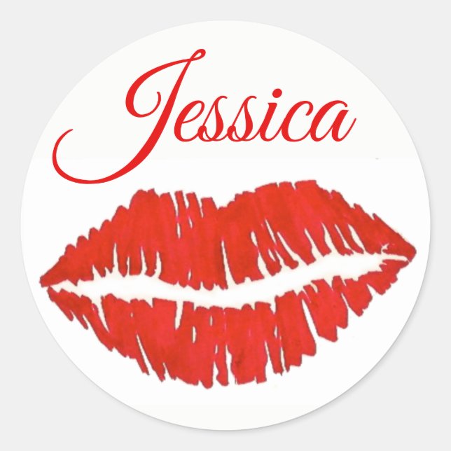Personalized Red Lips Lipstick Kiss Print Love Classic Round Sticker (Front)