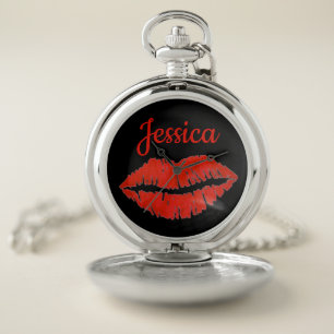 Personalized Red Lips Lipstick Kiss Print Love Pocket Watch