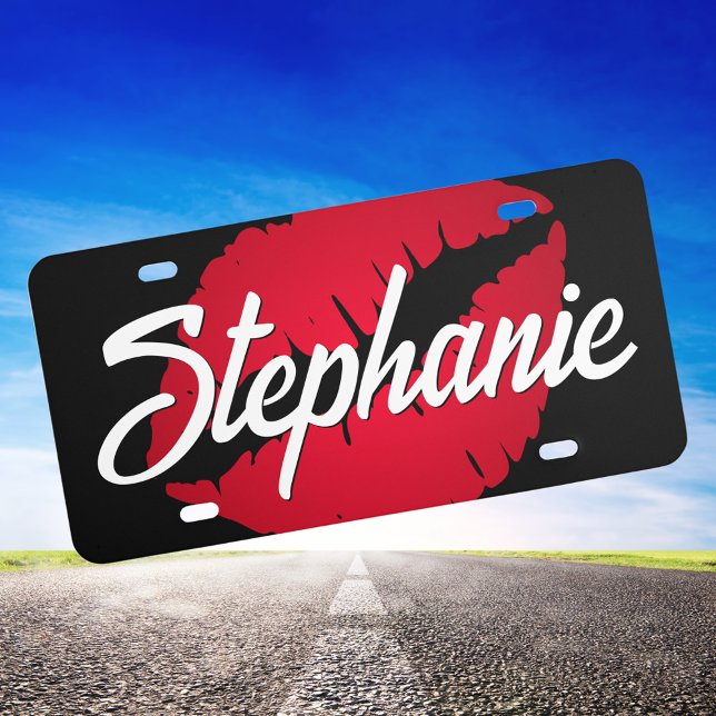 Personalized Red Lipstick White and Black License Plate (Create your own personalized red lips decorative license plate.)
