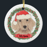 Personalized Red Long Haired Dachshund Christmas Ceramic Ornament<br><div class="desc">Make the nice list this year with a personalized Christmas ornament of your sweet red long haired dachshund santa elf! For the sweetest gifts,  pair it with a matching art print or another item from my collection!</div>