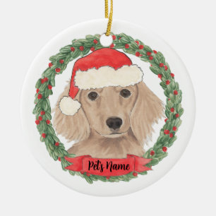 Personalized Red Long Haired Dachshund Christmas Ceramic Ornament