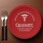 Personalized Red Medical School Graduation Party Paper Plates<br><div class="desc">This custom red medical school graduation party paper plate features classy white typography under a medical caduceus and your college name for the class of 2026. Customize with your graduating year under the elegant calligraphy for great personalized university graduate decor for a nurse or doctor.</div>