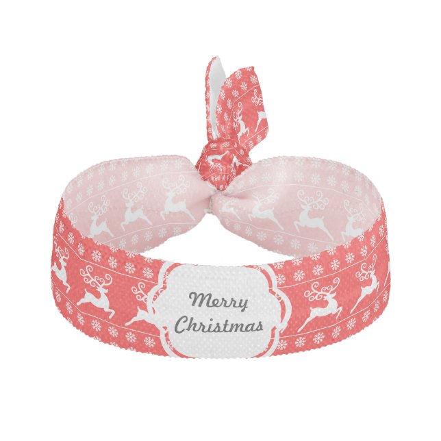 Personalized Red Merry Christmas Reindeer & Snow Elastic Hair Tie (Front)