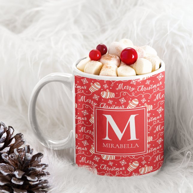 Personalized Red Monogram Merry Christmas Mittens Coffee Mug (Personalized Red Monogram Merry Christmas Mittens Coffee Mug)