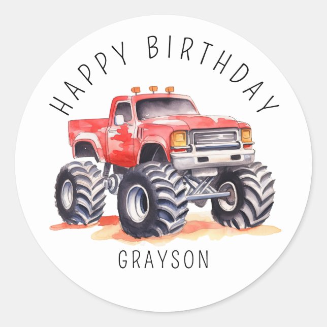Personalized Red Monster Truck Birthday Gift Classic Round Sticker (Front)