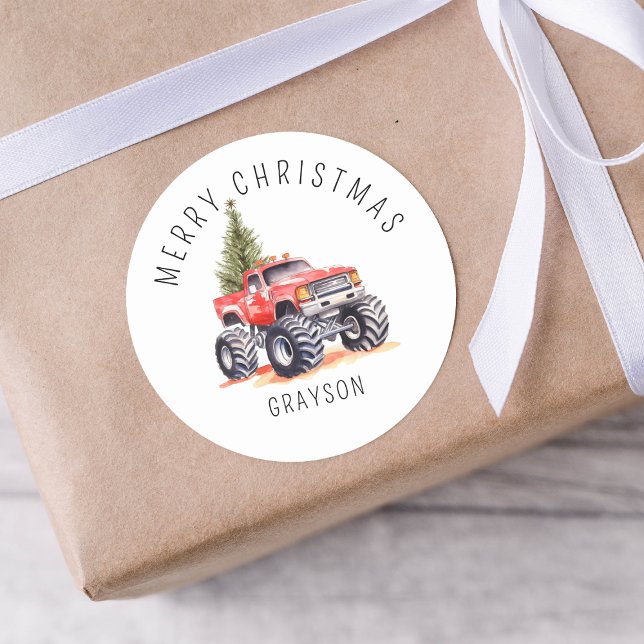 Personalized Red Monster Truck Christmas Gift Classic Round Sticker (Creator Uploaded)