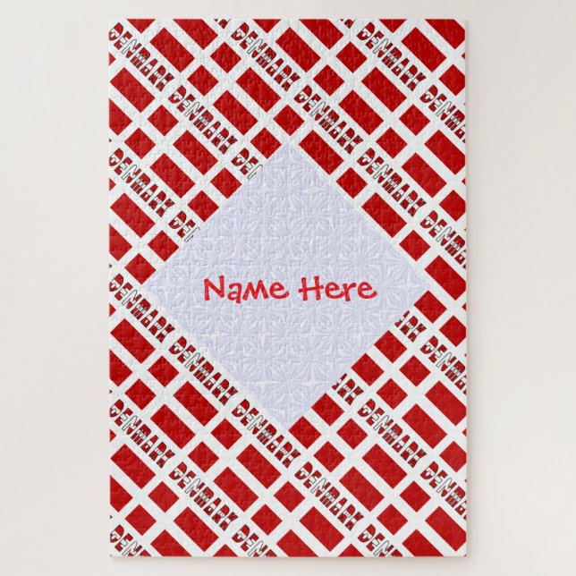 Personalized Red Name Denmark Flag Tiled Jigsaw Puzzle (Vertical)
