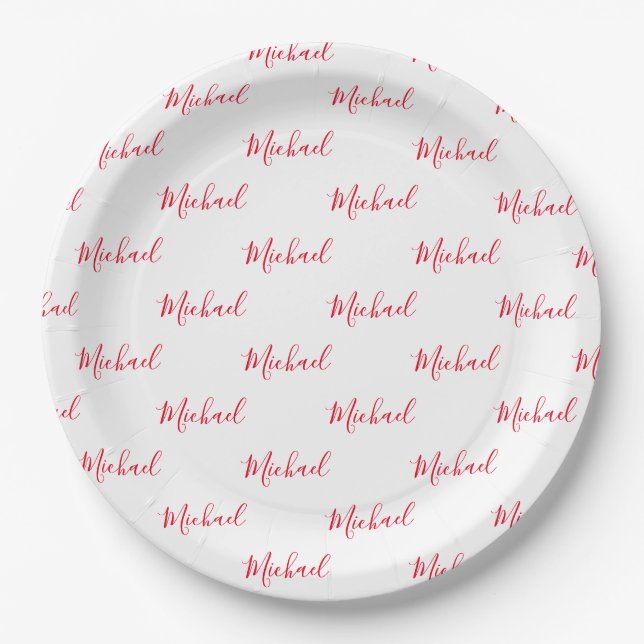 Personalized Red Name Script  Paper Plates (Front)