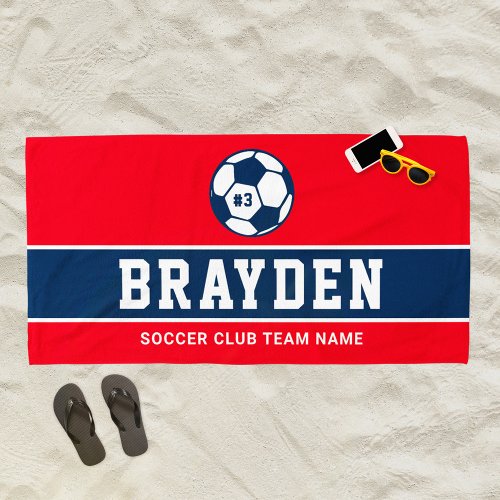Personalized Red Navy Blue Soccer Player Name Beach Towel