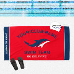 Personalized Red Navy Swim Team Swimmer Name Beach Towel<br><div class="desc">Personalized swim team pool towel design for swimmers features custom text for the swimmer's first and last name, swim team club name, and mascot or other text. Add your team logo to the dolphin placeholder image. The color scheme of red, navy blue and white can be modified to coordinate with...</div>