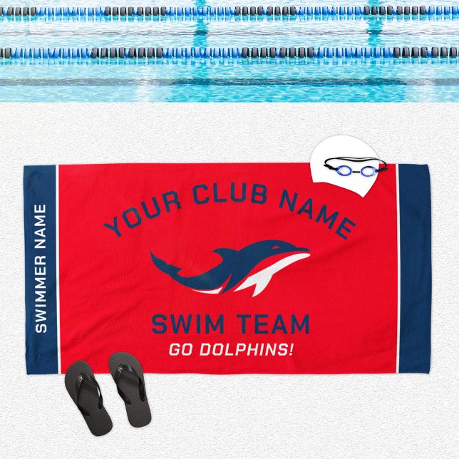 Personalized Red Navy Swim Team Swimmer Name Beach Towel (Creator Uploaded)