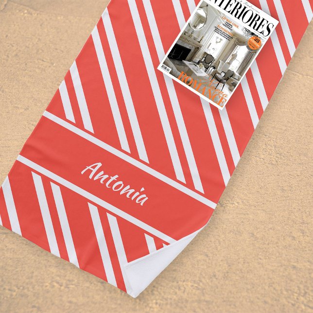 Personalized Red-Orange and White Stripes Beach Towel (Creator Uploaded)