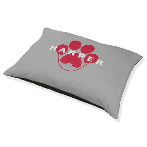 Personalized Red Paw Print Gray Pet Bed
