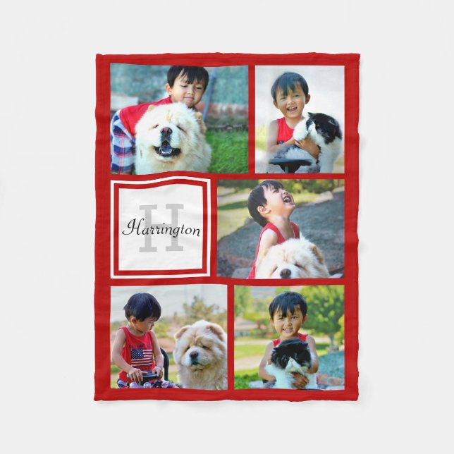 Personalized Red Photo Collage Monogrammed Gift Fleece Blanket (Front)