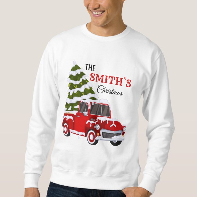 Personalized Red Pickup Truck Christmas Family Sweatshirt (Front)