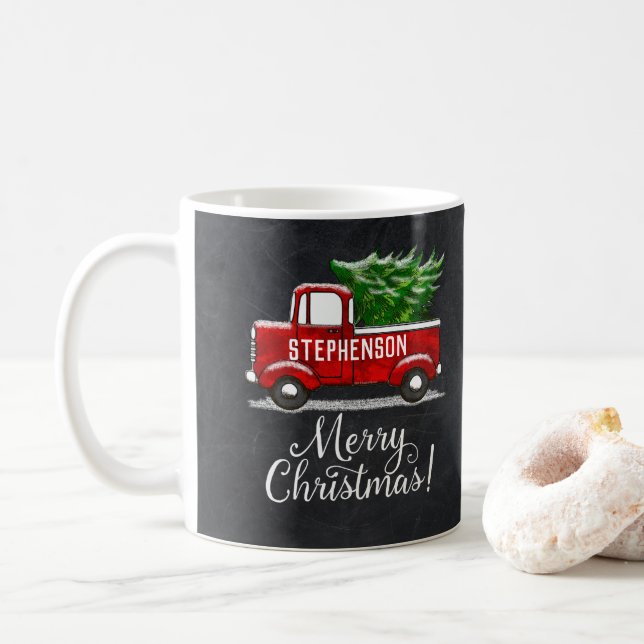 Personalized Red Pickup Truck Tree Merry Christmas Coffee Mug (With Donut)