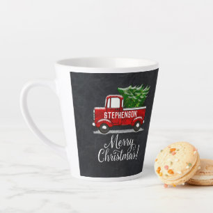 Personalized Red Pickup Truck Tree Merry Christmas Latte Mug