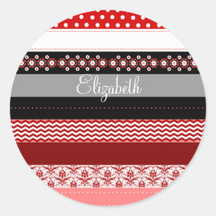 Personalized Red Pink Black White Washi Tape Look Classic Round Sticker