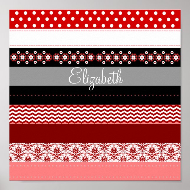 Personalized Red Pink Black White Washi Tape Look Poster (Front)