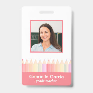 Personalized Red Pink Rainbow School Teacher ID Badge