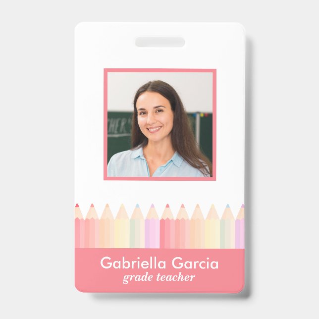 Personalized Red Pink Rainbow School Teacher ID Badge (Front)