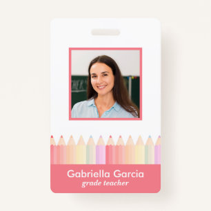 Personalized Red Pink Rainbow School Teacher ID Badge
