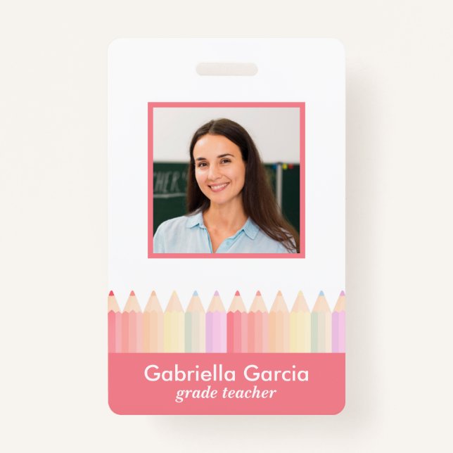 Personalized Red Pink Rainbow School Teacher ID Badge (Front)
