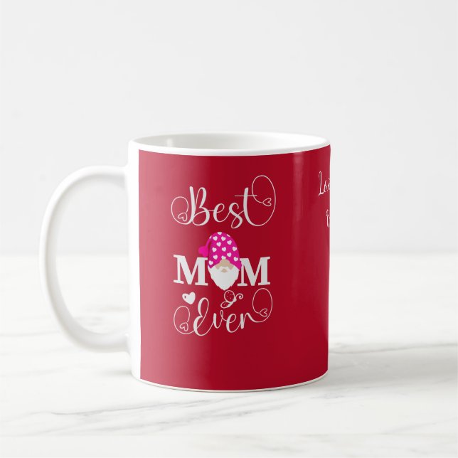 Personalized Red Pink White Gnome Best Mom Ever Coffee Mug (Left)