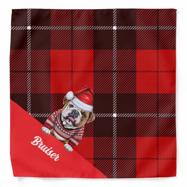 Personalized Red Plaid Bulldog Santa Christmas Bandana (Front)
