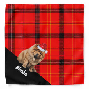 Personalized Red Plaid Chow Chow Dog Christmas Bandana